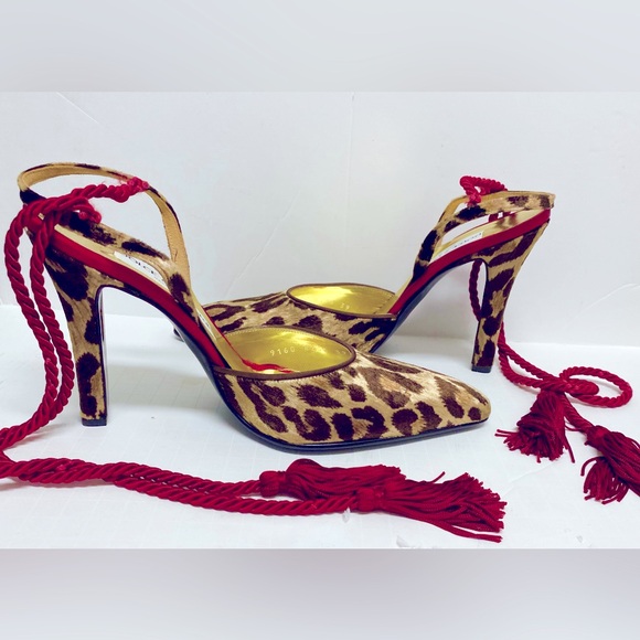 DOLCE & GABBANA Leopard Shoe Panne’ Velvet Red Silk Tassels Heel 39 New in Box - Picture 6 of 9